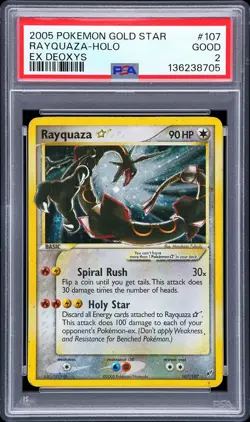 PSA 2 Good Rayquaza Gold Star 2005 EX Deoxys 107/107 Holo Graded Pokemon Card - Image 1