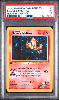PSA 7 Blaine's Moltres Holo NM #1 1st Edition Gym Heroes 2000 Pokemon 129114273 - Image 1