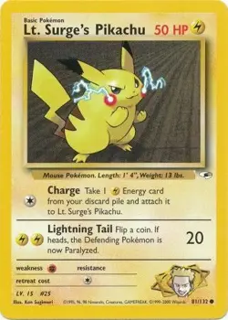 LT. SURGE'S PIKACHU 81/132 GYM HEROES UNLIMTED POKEMON (COMMON, LP) - Image 1