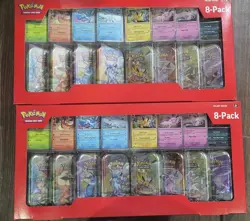 2 Pokemon Prismatic Evolutions Costco 8 Pack Mini Tins Set + Promos SEALED - Image 1