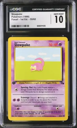 CGC 10 Slowpoke 55/62 1st Edition Fossil Pokemon Card - Image 1