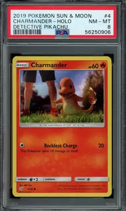 PSA 8 NM-MINT Charmander Sun & Moon Detective Pikachu 4/18 HOLO Pokemon Card - Image 1
