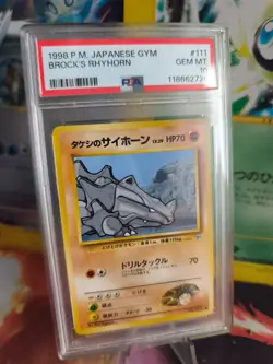 Pokemon Card Brock's Rhyhorn Rihorn Leaders Stad Japanese Gym heroes 1998 PSA 10 - Image 1