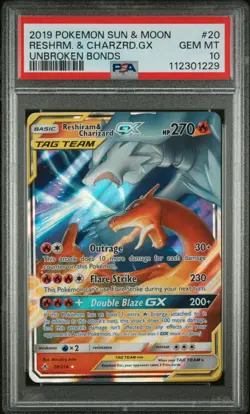PSA 10 #20 RESHIRAM & CHARIZARD GX 2019 POKEMON SUN & MOON UNBROKEN BONDS - Image 1