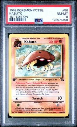 Kabuto 1st Edition 1999 Fossil 50/62 PSA 8 NM-MT Graded Pokemon Card WOTC TCG - Image 1
