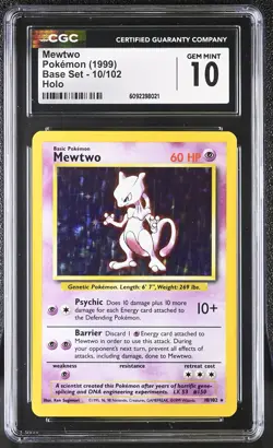 CGC 10 GEM MINT Mewtwo 1999 Base Set 10/102 Holo Pokemon Card - Image 1