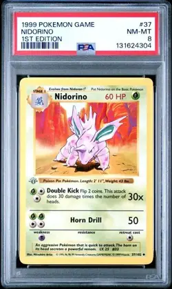 Base Set 1st Edition NIDORINO #37/102 PSA 8 Gray/Grey Stamp 1999 Pokemon Card - Image 1