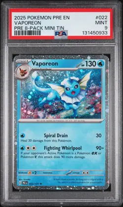 2025 POKEMON PRISMATIC EVOLUTIONS 8-PACK MINI TIN #022 VAPOREON PSA 9 - Image 1