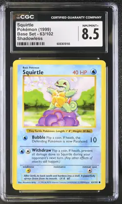 CGC 8.5 Squirtle 1999 Base Set 63/102 Shadowless Pokemon Card - Image 1
