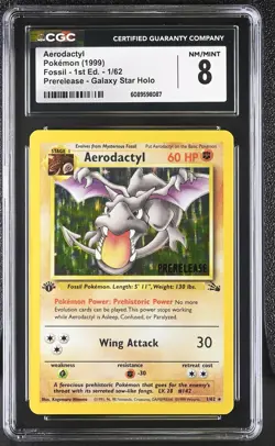 CGC 8 Aerodactyl 1999 Fossil 1st Edition 1/62 Prerelease Holo Pokemon Card - Image 1