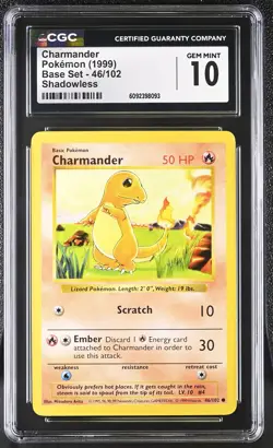 CGC 10 GEM MINT Charmander 1999 Base Set 46/102 Shadowless Pokemon Card - Image 1