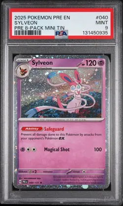 2025 POKEMON PRISMATIC EVOLUTIONS 8-PACK MINI TIN #040 SYLVEON PSA 9 - Image 1