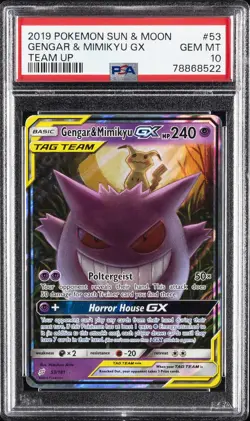 2019 POKEMON SUN & MOON TEAM UP #53 GENGAR & MIMIKYU GX PSA 10 - Image 1