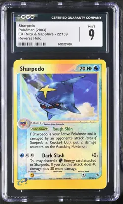 CGC 9 MINT Sharpedo 2003 EX Ruby & Sapphire 22/109 Reverse Holo Pokemon Card - Image 1