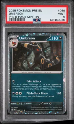 2025 POKEMON PRISMATIC EVOLUTIONS 8-PACK MINI TIN #059 UMBREON PSA 9 - Image 1