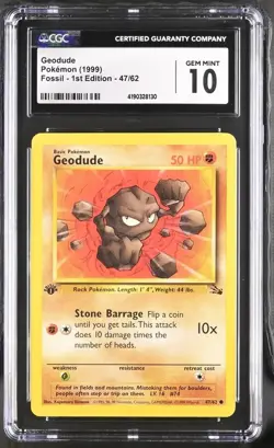 1999 Pokemon Fossil #47 Geodude Gem Mint 1st Edition CGC GEM Mint 10 - Image 1