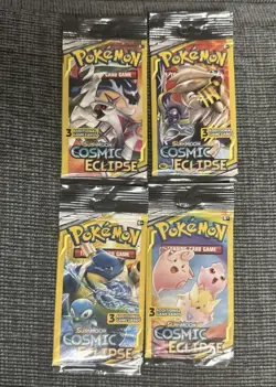 Pokemon Sun & Moon Cosmic Eclipse (4) 3-Card Booster Packs Art Set 2019 Sealed - Image 1