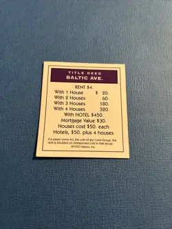 1998 Monopoly Property Deed Card BALTIC AVENUE Game Piece Part - Image 1