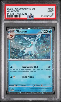 2025 POKEMON PRISMATIC EVOLUTIONS 8-PACK MINI TIN #025 GLACEON PSA 9 - Image 1