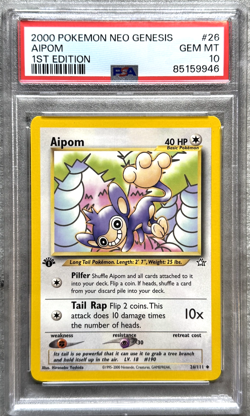 Pokemon Card 1st Ed. Aipom PSA 10 Gem Mint, Neo Genesis #26, WOTC 2000 - Image 1
