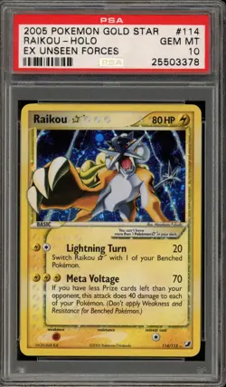 Pokemon Raikou Gold Star EX Unseen Forces Holo Ultra Rare #114 PSA 10 Gem Mint - Image 1