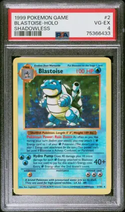 Pokemon Blastoise Holo 1999 Base Set Shadowless #2 PSA 4 VG-EX - Image 1