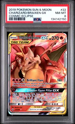 2019 POKEMON SUN & MOON COSMIC ECLIPSE #22 CHARIZARD & BRAIXEN GX PSA 8 - Image 1