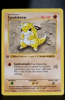 1999 Pokemon Game 1st Edition SANDSHREW Shadowless English 62/102 NM - Image 1