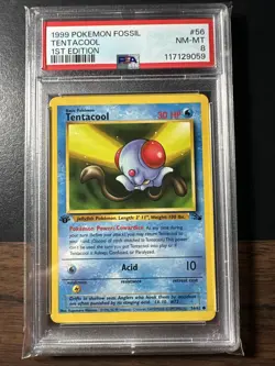 1999 Pokemon Fossil 1st Edition Tentacool PSA 8 NM 56/62 - Image 1