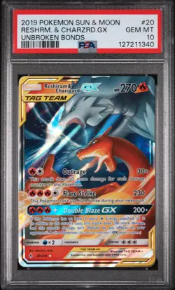 2019 POKEMON SUN & MOON UNBROKEN BONDS #20 RESHIRAM & CHARIZARD GX PSA 10 - Image 1