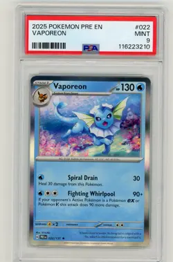 2025 Pokemon Prismatic Evolutions Vaporeon Holo #022 PSA 9 Mint - Image 1