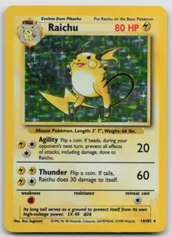 Pokemon TCG Raichu 14/102 Base Set Holo Rare Unlimited 1999 WOTC MP - Image 1