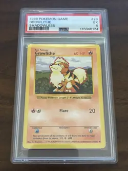 Vintage 1999 POKEMON GAME BASE SET 28 GROWLITHE SHADOWLESS PSA - Image 1