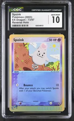 CGC 10 GEM MINT Spoink 2003 EX Dragon 73/97 Reverse Holo Pokemon Card - Image 1