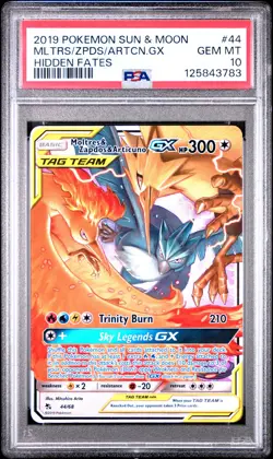 2019 POKEMON SUN & MOON HIDDEN FATES #44 MOLTRES & ZAPDOS & ARTICUNO GX PSA 10 - Image 1