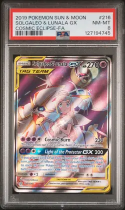 2019 POKEMON SUN & MOON COSMIC ECLIPSE #216 FULL ART/SOLGALEO & LUNALA GX PSA 8 - Image 1