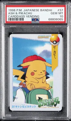 1998 POKEMON JPN BANDAI CARDDASS VENDING #37 ASH & PIKACHU PSA 10 - Image 1