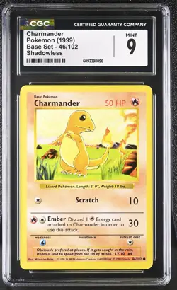 CGC 9 MINT Charmander 1999 Base Set 46/102 Shadowless Pokemon Card - Image 1