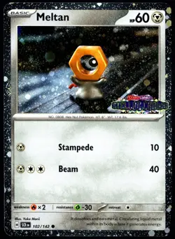 Pokemon TCG Meltan 102/142 Stellar Crown Stamped Cosmos Holo Promo Card - NM - Image 1