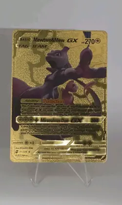 Pokemon Mewtwo & Mew GX Tag Team 270hp Gold Foil Fan Art Collector Card TCG - Image 1