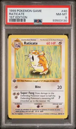 Base Set 1st Edition RATICATE #40/102 PSA 8 1999 Pokemon Card Game - Image 1