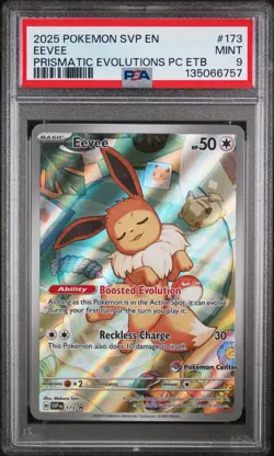 2025 POKEMON PRISMATIC EVOLUTIONS POKEMON CENTER ETB PROMO #173 EEVEE PSA 9 - Image 1