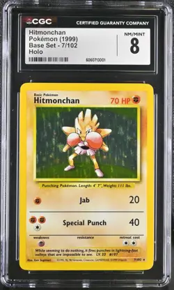 CGC 8 NM/MINT Hitmonchan 1999 Base 7/102 Holo Pokemon Card psa - Image 1