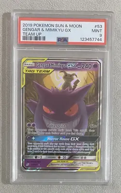 2019 POKEMON SUN & MOON TEAM UP #53 GENGAR & MIMIKYU GX PSA 9 - Image 1