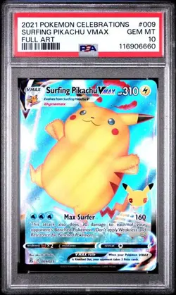 2021 POKEMON CELEBRATIONS #009 SURFING PIKACHU VMAX FULL ART PSA 10 (K660) - Image 1
