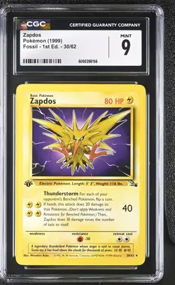 CGC 9 MINT Zapdos 1999 Fossil 1st Edition 30/62 Pokemon Card - Image 1
