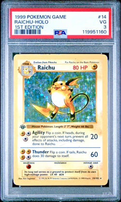 PSA 3 1999 Base Set 1st Edition Shadowless Raichu 14/102 Holo Foil Pokemon WOTC - Image 1
