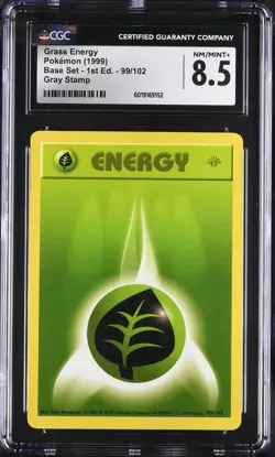 CGC 8.5 Grass Energy Base Set 1st Edition 99/102 Gray Stamp Pokemon Card - Image 1