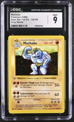 CGC 9 MINT Machoke 1999 Base Set 1st Edition 34/102 Gray Stamp Pokemon Card - Image 1