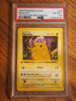 Pokemon 1999 1st Edition Shadowless Base Red Cheeks Pikachu card, PSA 8.5 - Image 1